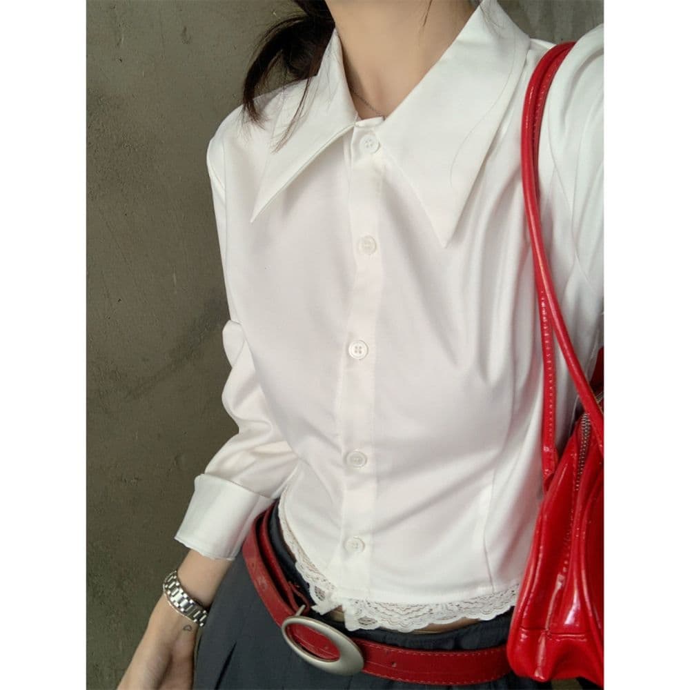 프랑스식 POLO 칼라 레이스 조각 긴팔 여성 셔츠 가을 디자인 센스 작은 대중 몸매 가꾸기 흰 셔츠 쇼트 스타일 맨위 상세 이미지 6