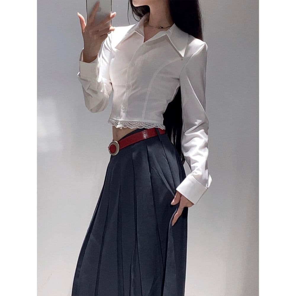 프랑스식 POLO 칼라 레이스 조각 긴팔 여성 셔츠 봄 가을 디자인 센스 작은 대중 몸매 가꾸기 흰 셔츠 쇼트 스타일 맨위 이미지 5