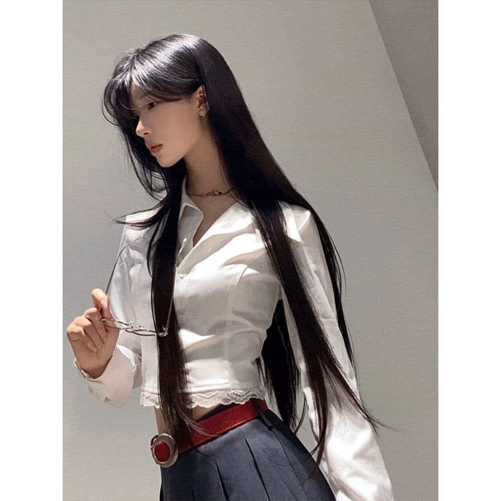 프랑스식 POLO 칼라 레이스 조각 긴팔 여성 셔츠 봄 가을 디자인 센스 작은 대중 몸매 가꾸기 흰 셔츠 쇼트 스타일 맨위 상세 이미지 2