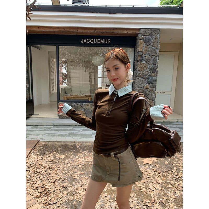 커피 색상 페이크 레이어드 스트라이프 POLO 칼라 긍정적 인 어깨 긴팔 티셔츠 여성 봄 가을 핫걸 몸매 가꾸기 맨위 이미지 4