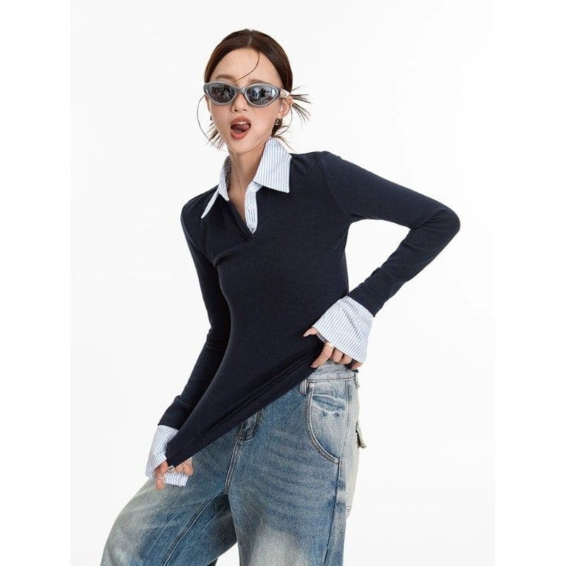 커피 색상 페이크 레이어드 스트라이프 POLO 칼라 긍정적 인 어깨 긴팔 티셔츠 여성 봄 가을 핫걸 몸매 가꾸기 맨위 이미지 2
