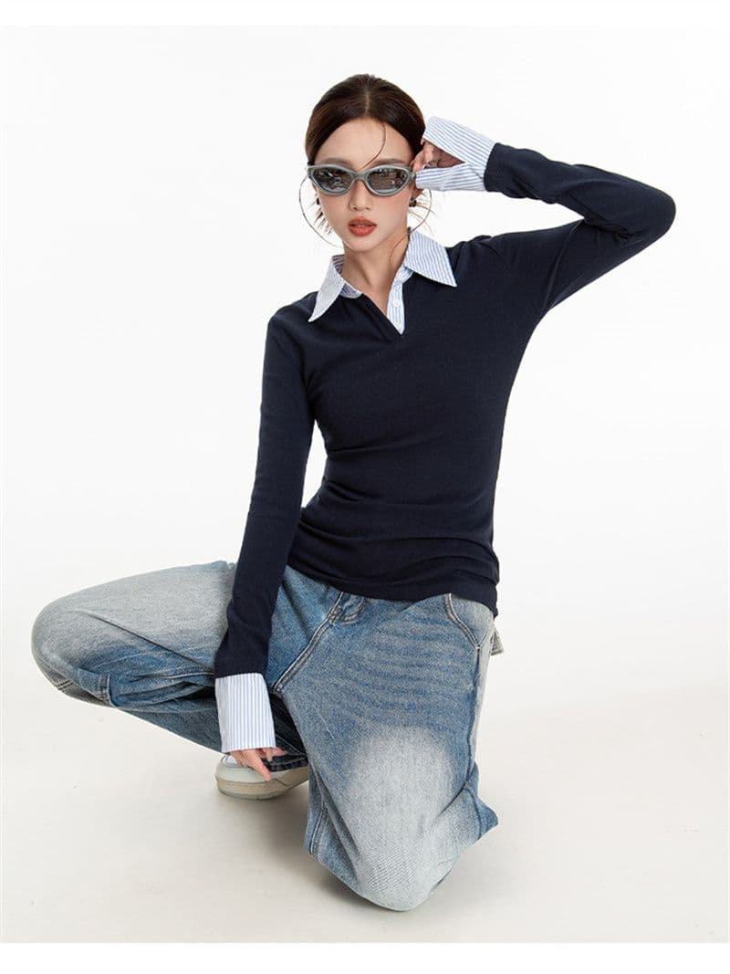 커피 색상 페이크 레이어드 스트라이프 POLO 칼라 긍정적 인 어깨 긴팔 티셔츠 여성 봄 가을 핫걸 몸매 가꾸기 맨위 상세 이미지 6