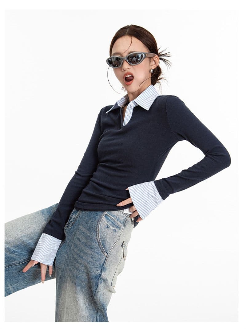 커피 색상 페이크 레이어드 스트라이프 POLO 칼라 긍정적 인 어깨 긴팔 티셔츠 여성 봄 가을 핫걸 몸매 가꾸기 맨위 상세 이미지 8