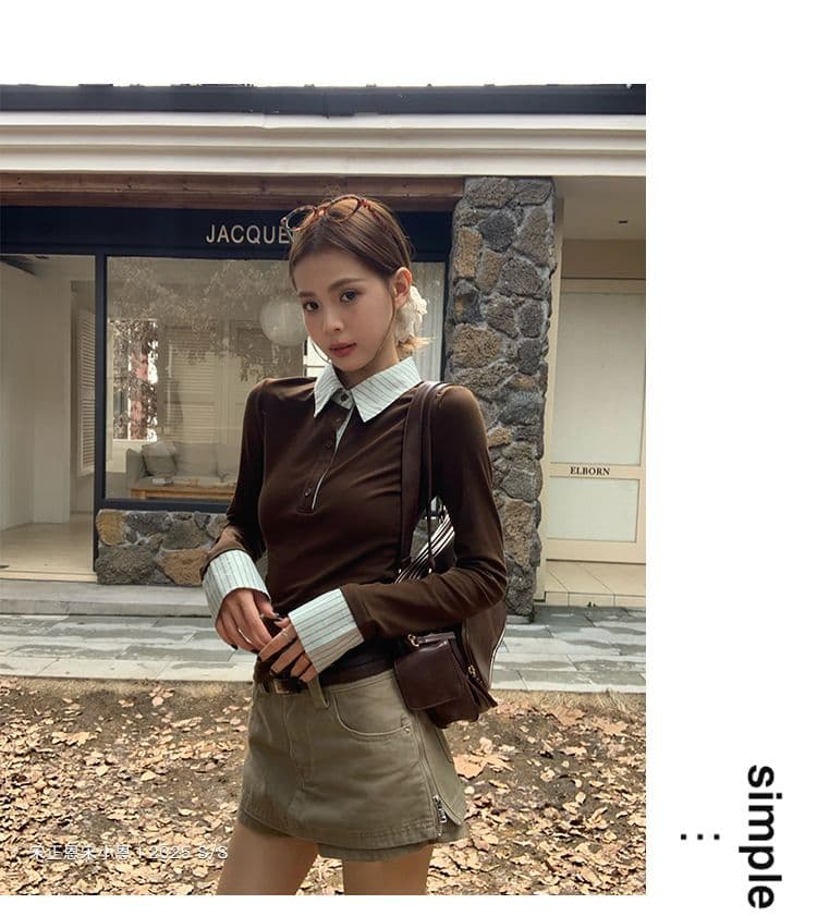 커피 색상 페이크 레이어드 스트라이프 POLO 칼라 긍정적 인 어깨 긴팔 티셔츠 여성 봄 가을 핫걸 몸매 가꾸기 맨위 상세 이미지 13