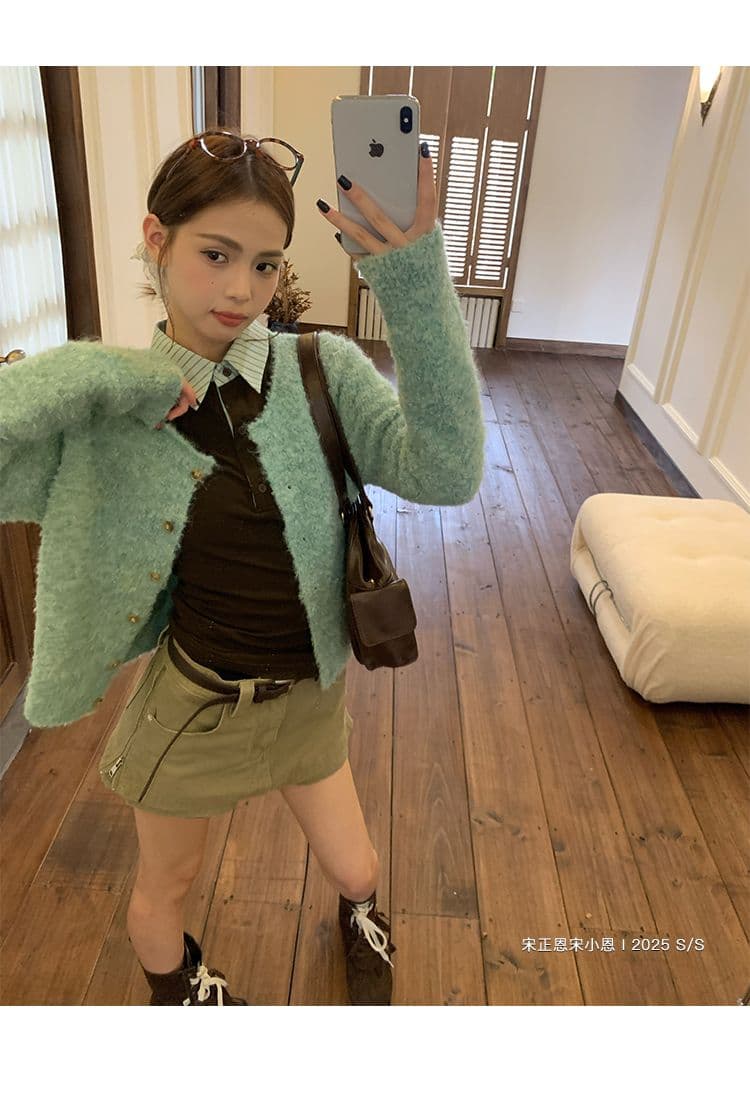 커피 색상 페이크 레이어드 스트라이프 POLO 칼라 긍정적 인 어깨 긴팔 티셔츠 여성 봄 가을 핫걸 몸매 가꾸기 맨위 상세 이미지 20