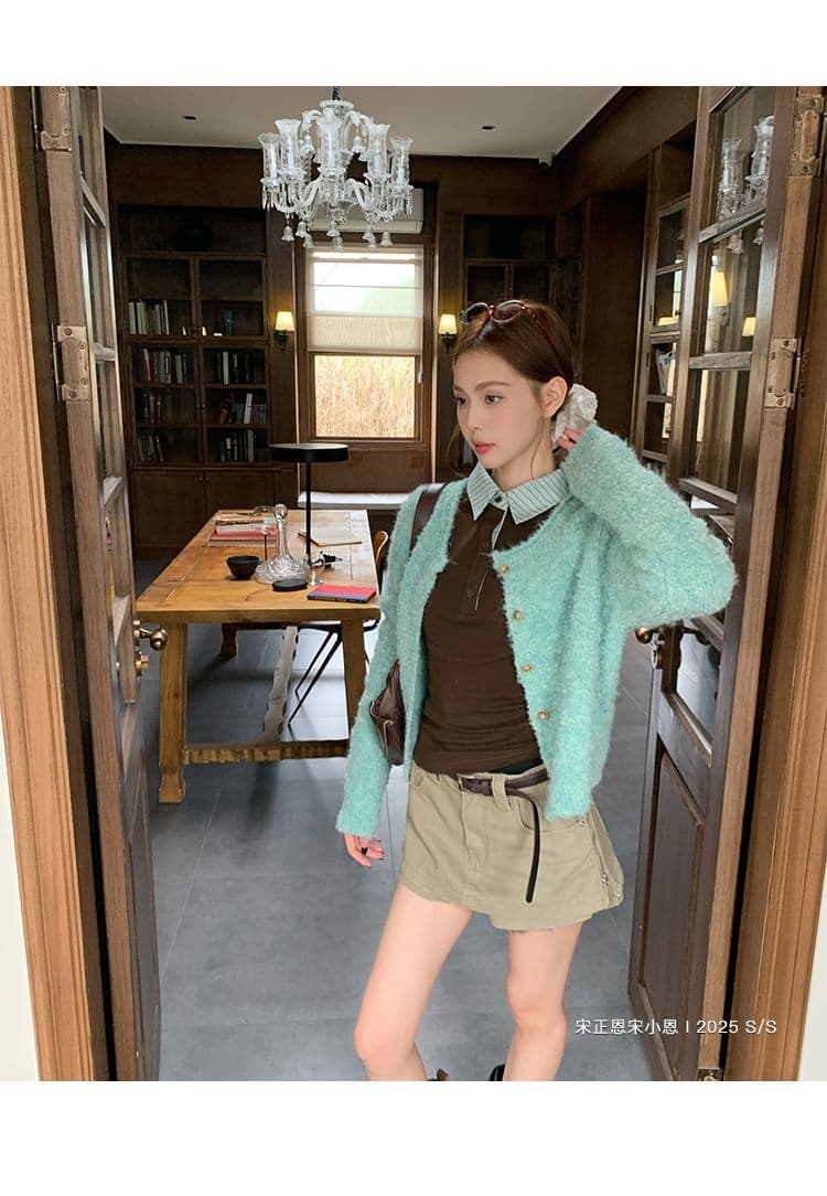 커피 색상 페이크 레이어드 스트라이프 POLO 칼라 긍정적 인 어깨 긴팔 티셔츠 여성 봄 가을 핫걸 몸매 가꾸기 맨위 상세 이미지 22