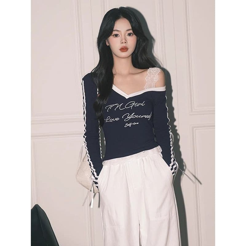 높음 폭탄 컬러 코튼 리브 아메리칸 블루 Chic 레이스 페이크 레이어드 이미지 4
