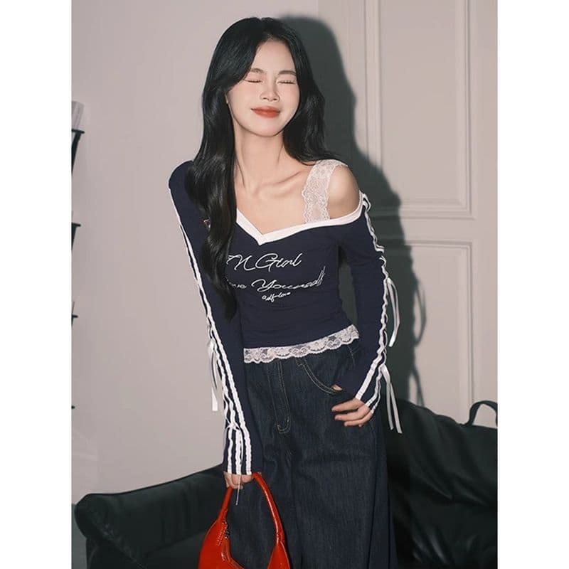높음 폭탄 컬러 코튼 리브 아메리칸 블루 Chic 레이스 페이크 레이어드 이미지 2