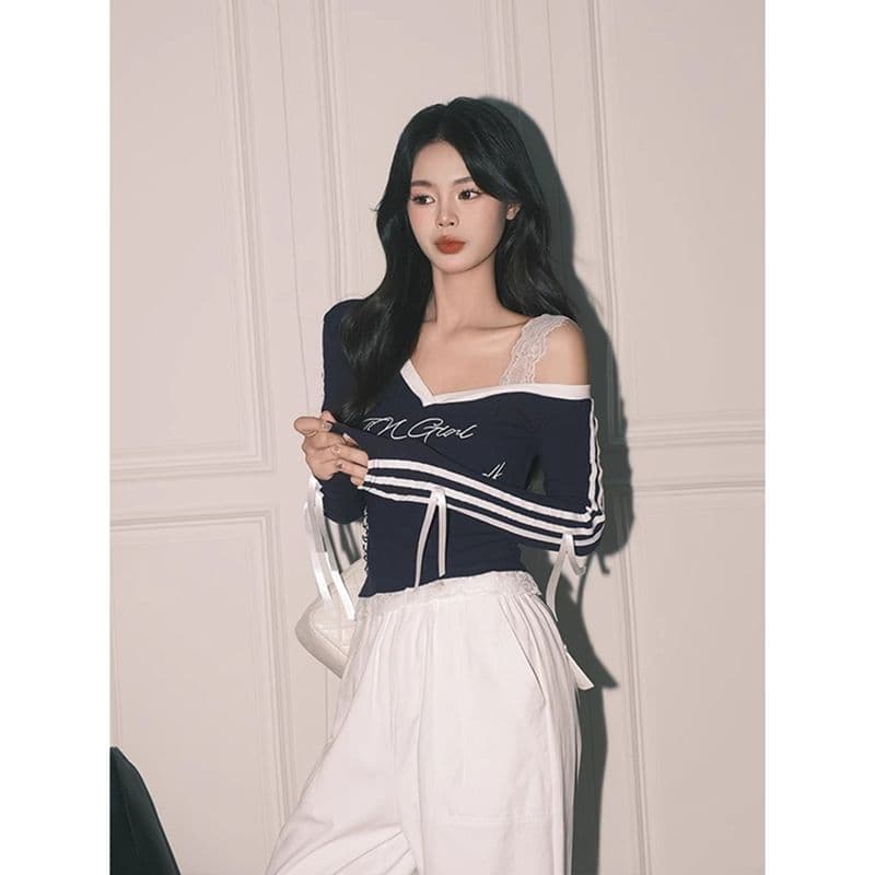 높음 폭탄 컬러 코튼 리브 아메리칸 블루 Chic 레이스 페이크 레이어드 이미지 5