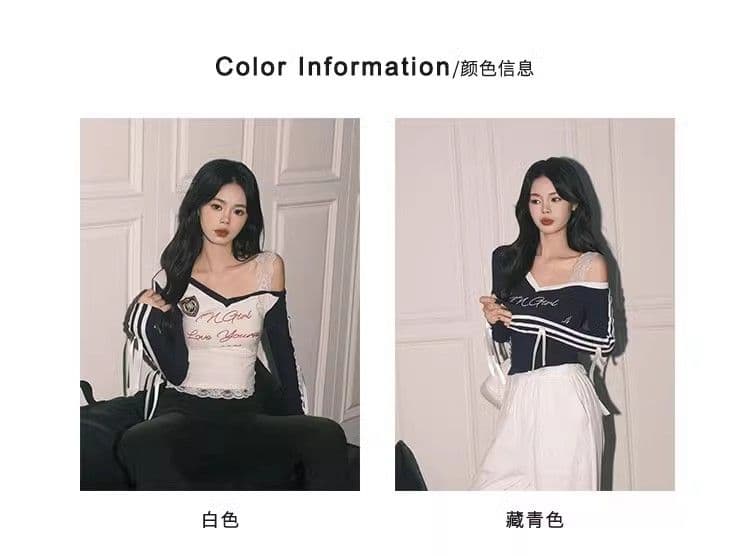 높음 폭탄 컬러 코튼 리브 아메리칸 블루 Chic 레이스 페이크 레이어드 상세 이미지 5