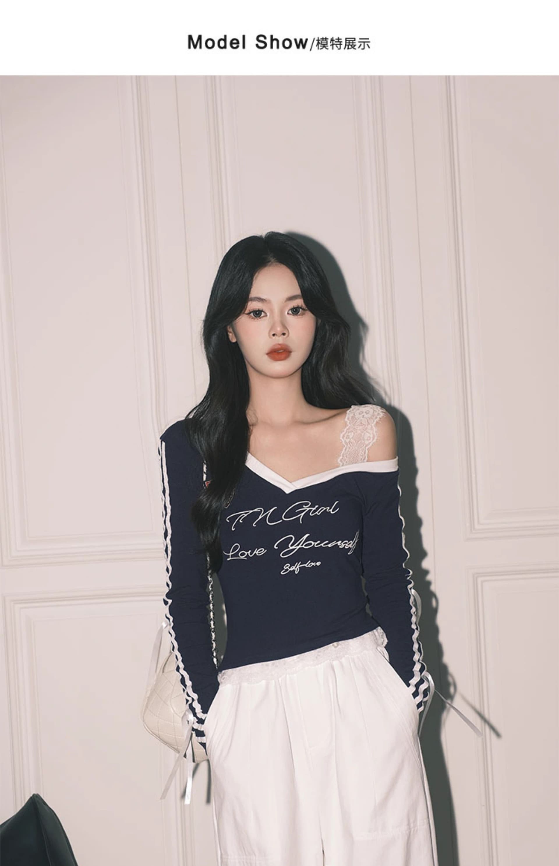 높음 폭탄 컬러 코튼 리브 아메리칸 블루 Chic 레이스 페이크 레이어드 상세 이미지 6