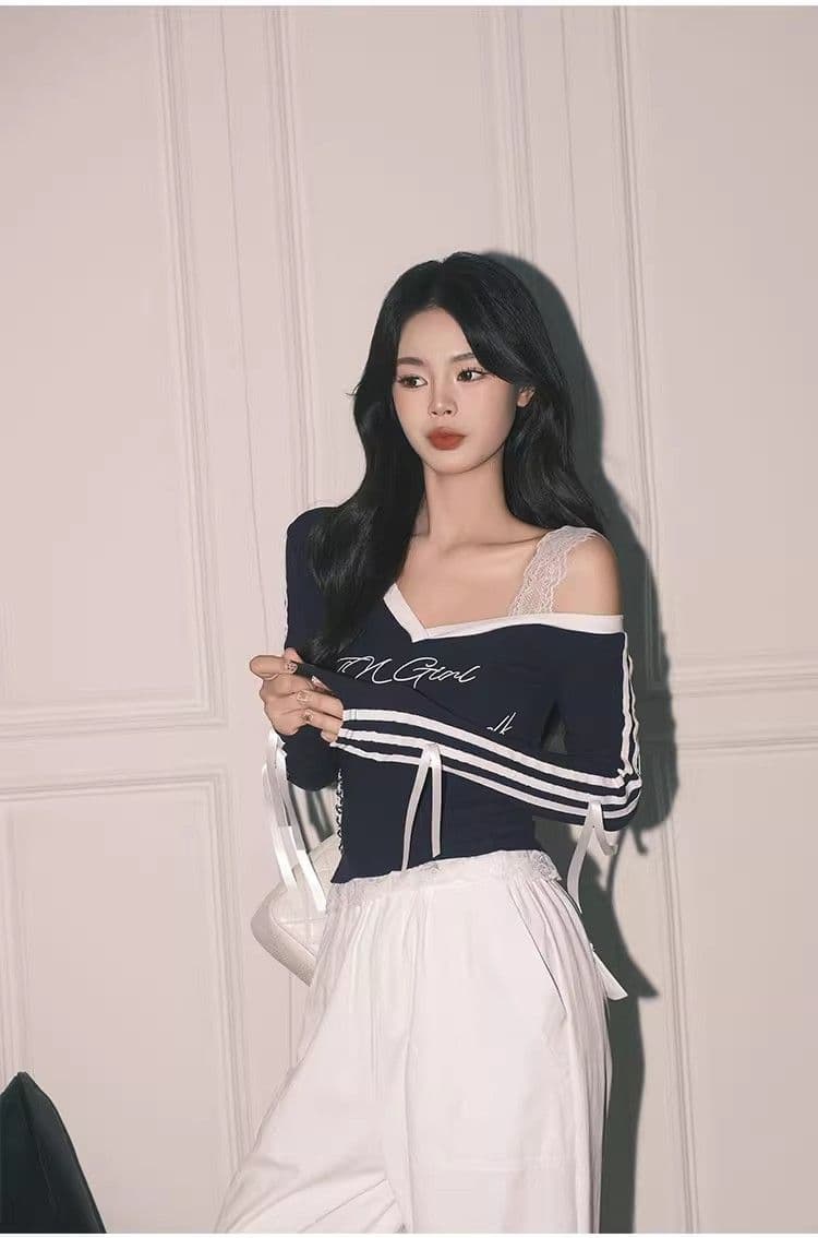 높음 폭탄 컬러 코튼 리브 아메리칸 블루 Chic 레이스 페이크 레이어드 상세 이미지 7