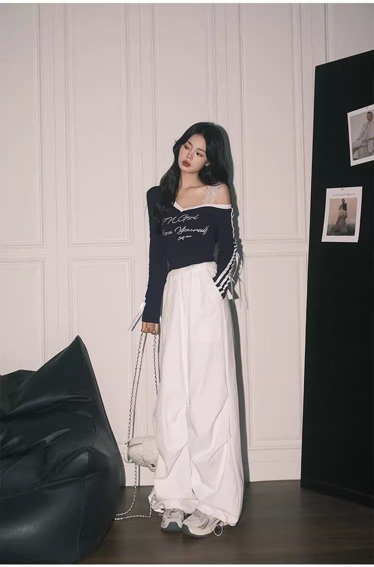 높음 폭탄 컬러 코튼 리브 아메리칸 블루 Chic 레이스 페이크 레이어드 상세 이미지 8