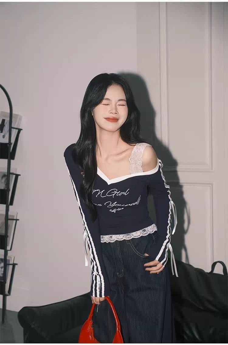높음 폭탄 컬러 코튼 리브 아메리칸 블루 Chic 레이스 페이크 레이어드 상세 이미지 9