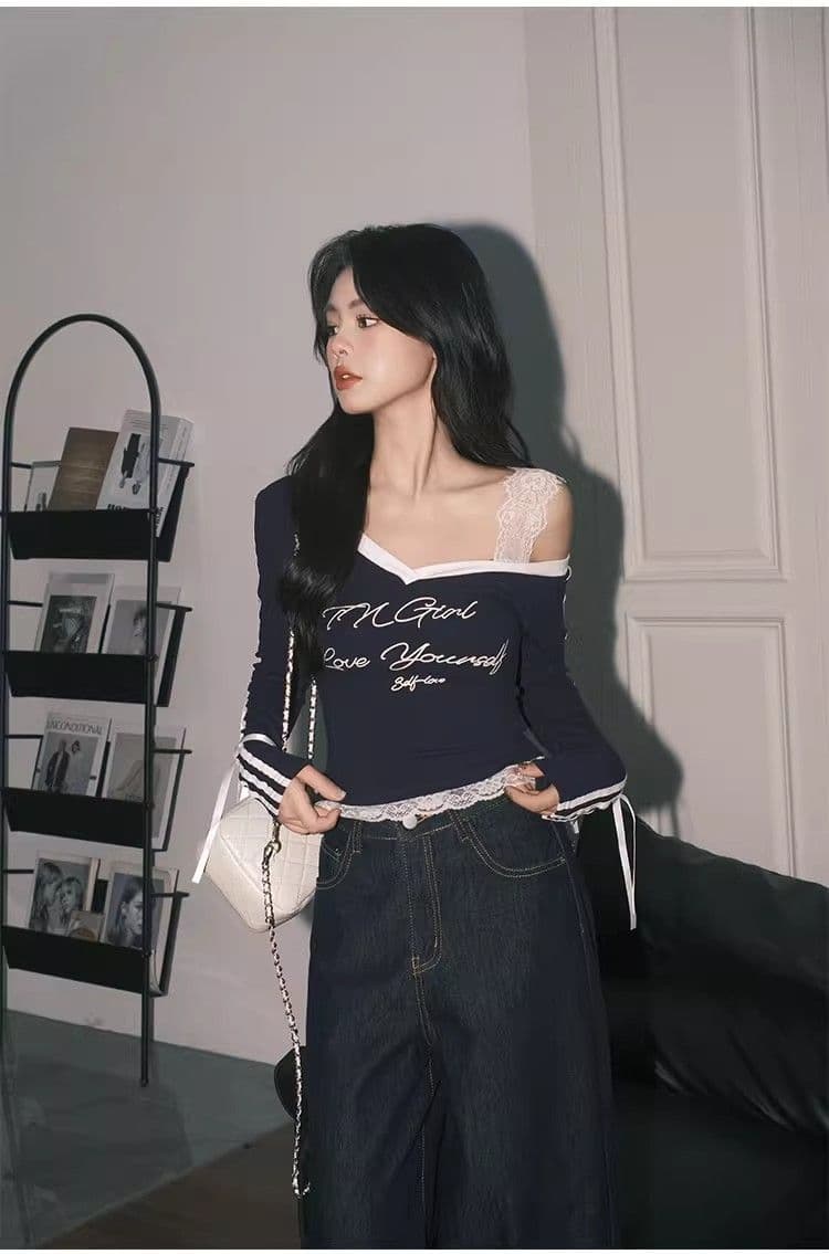 높음 폭탄 컬러 코튼 리브 아메리칸 블루 Chic 레이스 페이크 레이어드 상세 이미지 10