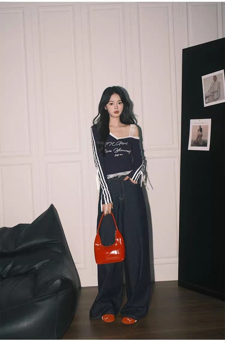 높음 폭탄 컬러 코튼 리브 아메리칸 블루 Chic 레이스 페이크 레이어드 상세 이미지 11