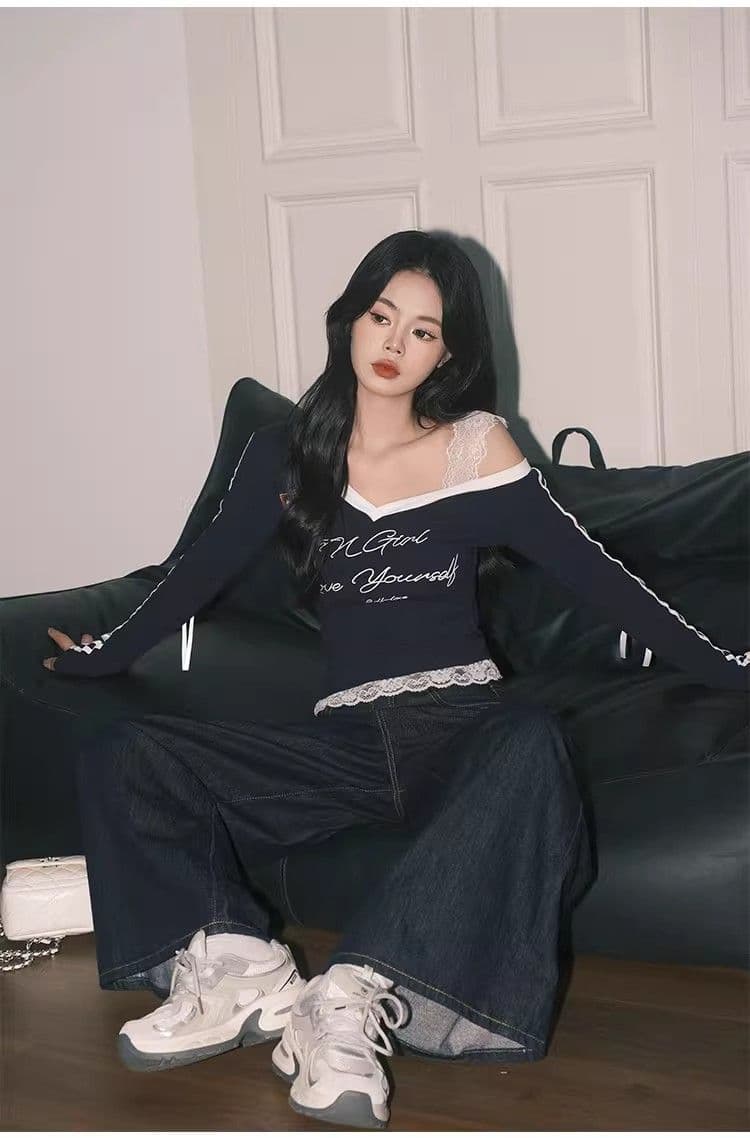 높음 폭탄 컬러 코튼 리브 아메리칸 블루 Chic 레이스 페이크 레이어드 상세 이미지 12