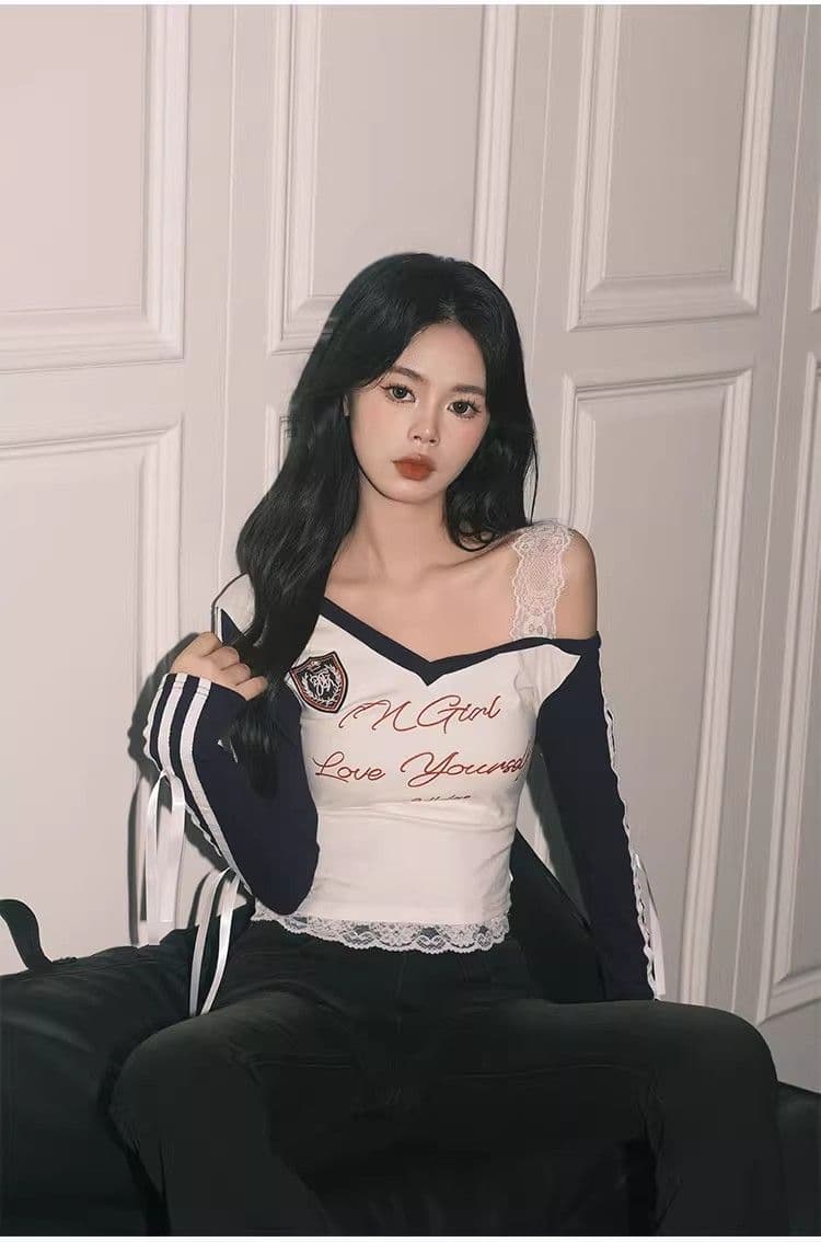 높음 폭탄 컬러 코튼 리브 아메리칸 블루 Chic 레이스 페이크 레이어드 상세 이미지 13
