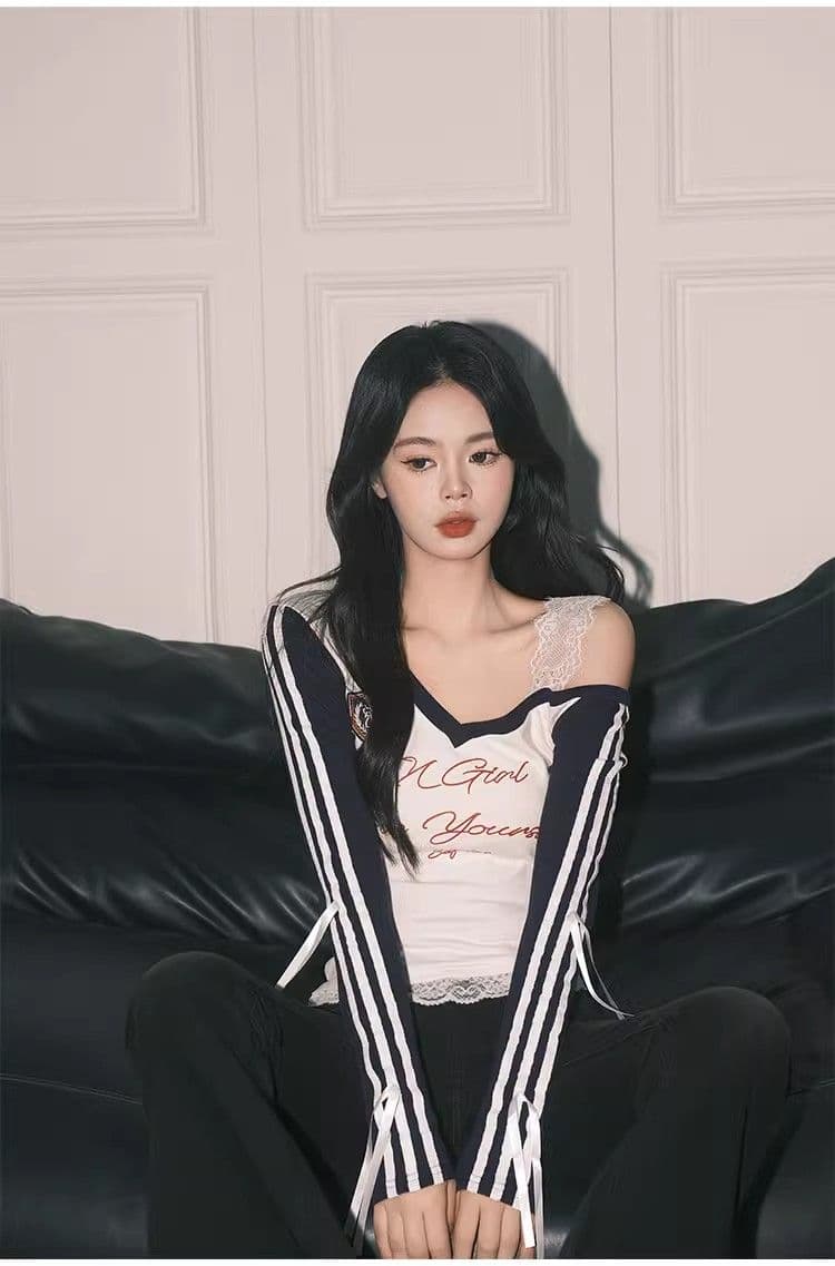 높음 폭탄 컬러 코튼 리브 아메리칸 블루 Chic 레이스 페이크 레이어드 상세 이미지 14