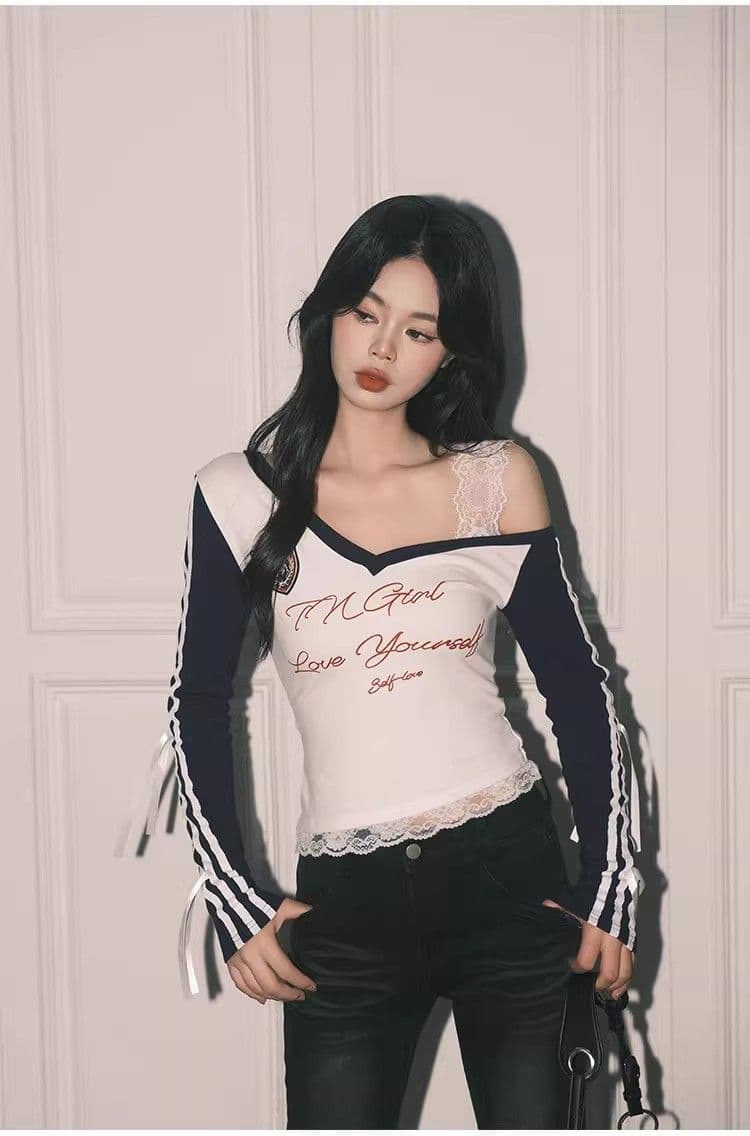 높음 폭탄 컬러 코튼 리브 아메리칸 블루 Chic 레이스 페이크 레이어드 상세 이미지 15