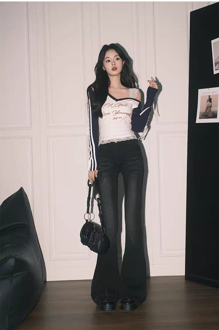 높음 폭탄 컬러 코튼 리브 아메리칸 블루 Chic 레이스 페이크 레이어드 상세 이미지 17