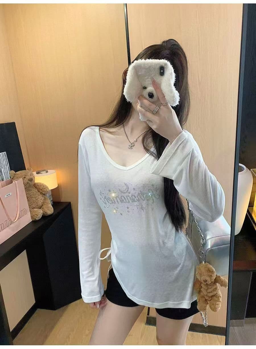 여름 느긋한 바람 마이크로 ~을 통해 얇은 스타일 자외선 차단 블라우스 여성 핫픽스 V넥 펌프 로프 긴팔 티셔츠 빈 의류 상세 이미지 4