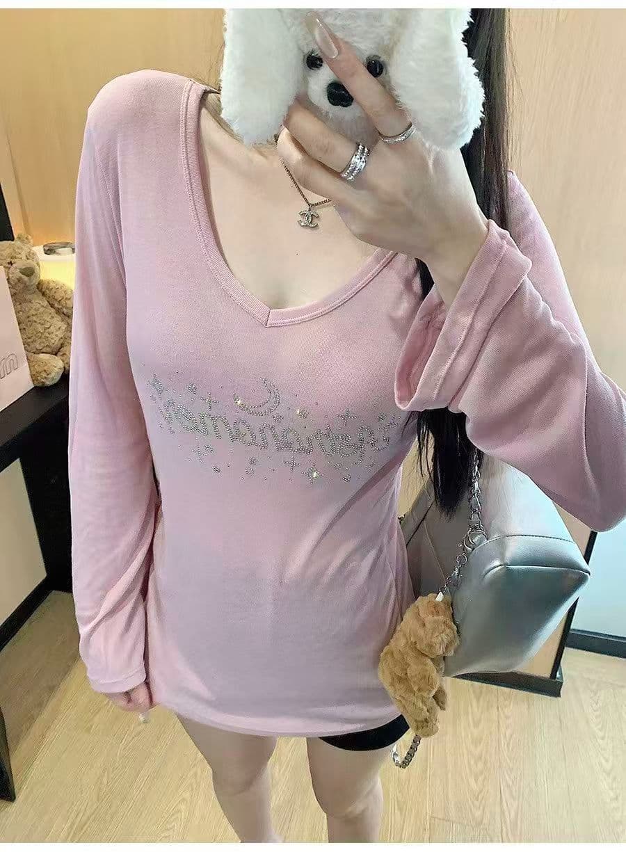 여름 느긋한 바람 마이크로 ~을 통해 얇은 스타일 자외선 차단 블라우스 여성 핫픽스 V넥 펌프 로프 긴팔 티셔츠 빈 의류 상세 이미지 7
