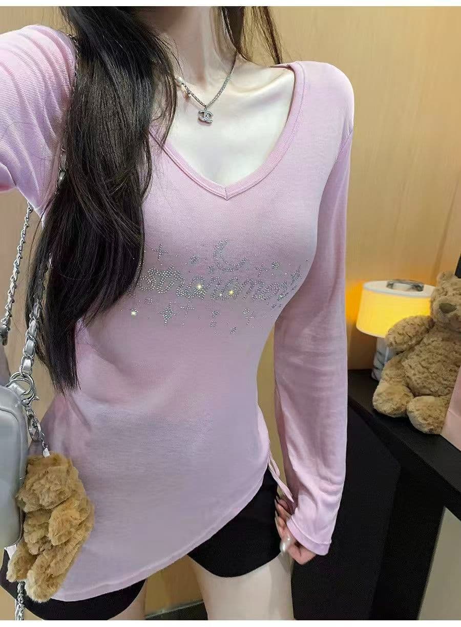 여름 느긋한 바람 마이크로 ~을 통해 얇은 스타일 자외선 차단 블라우스 여성 핫픽스 V넥 펌프 로프 긴팔 티셔츠 빈 의류 상세 이미지 8