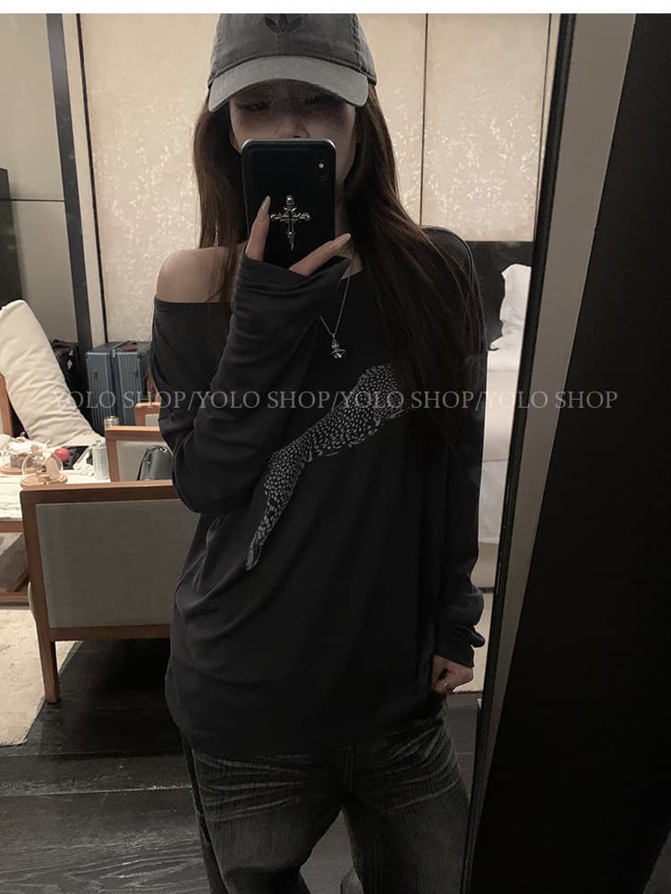 라이 경기 서울 인쇄 花船 칼라 둘 착용 긴팔 블라우스 티셔츠 여성 여름 다용도 작은 대중 오프숄더 핫걸 루즈핏 맨위 상세 이미지 13