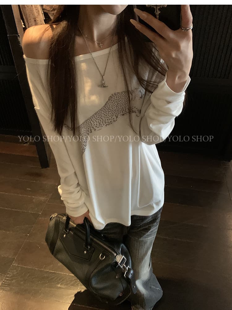 라이 경기 서울 인쇄 花船 칼라 둘 착용 긴팔 블라우스 티셔츠 여성 여름 다용도 작은 대중 오프숄더 핫걸 루즈핏 맨위 상세 이미지 28