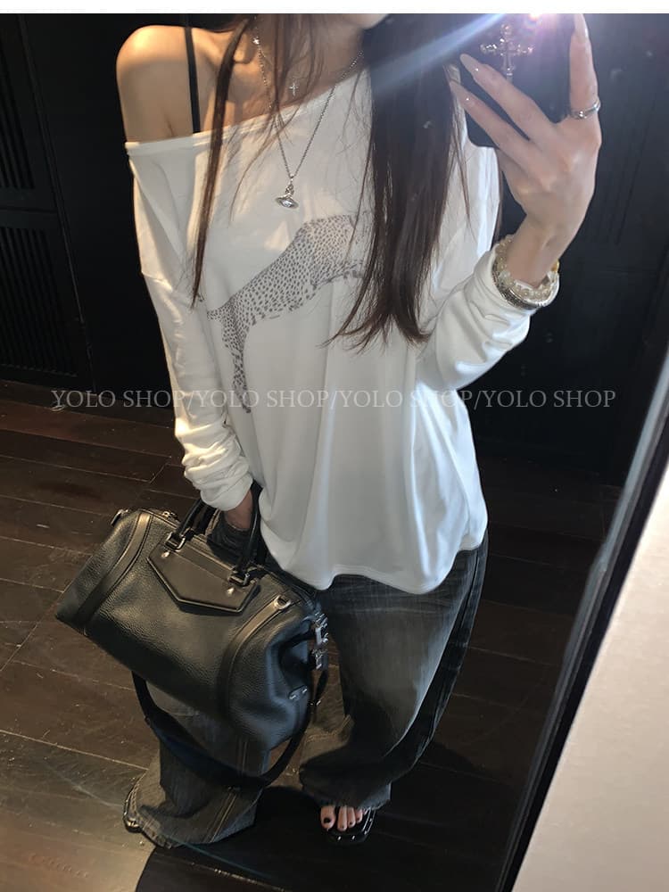 라이 경기 서울 인쇄 花船 칼라 둘 착용 긴팔 블라우스 티셔츠 여성 여름 다용도 작은 대중 오프숄더 핫걸 루즈핏 맨위 상세 이미지 37