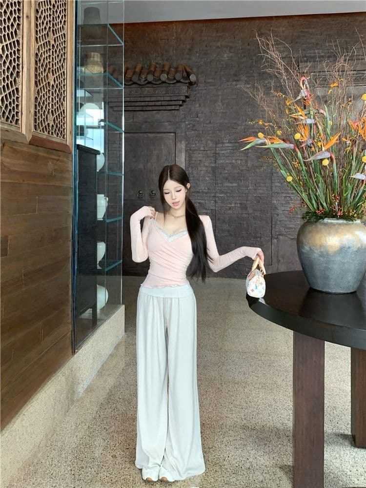 사람들 면 투피스 세트 순수한 욕망 십자가 긴팔 허리 수축 티셔츠 여성 레이스 캐미솔 세트 투피스 세트 이미지 4