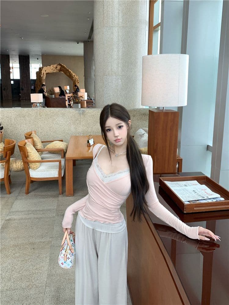 사람들 면 투피스 세트 순수한 욕망 십자가 긴팔 허리 수축 티셔츠 여성 레이스 캐미솔 세트 투피스 세트 상세 이미지 4