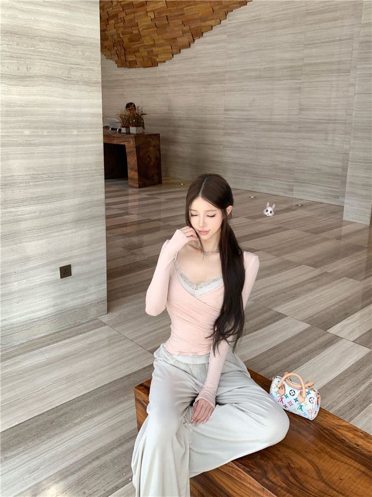 사람들 면 투피스 세트 순수한 욕망 십자가 긴팔 허리 수축 티셔츠 여성 레이스 캐미솔 세트 투피스 세트 상세 이미지 9