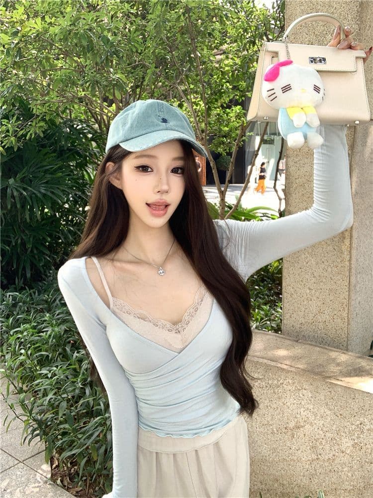 사람들 면 투피스 세트 순수한 욕망 십자가 긴팔 허리 수축 티셔츠 여성 레이스 캐미솔 세트 투피스 세트 상세 이미지 12