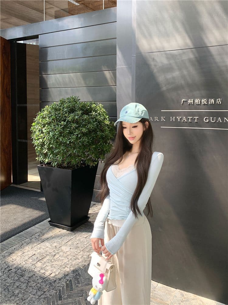 사람들 면 투피스 세트 순수한 욕망 십자가 긴팔 허리 수축 티셔츠 여성 레이스 캐미솔 세트 투피스 세트 상세 이미지 13