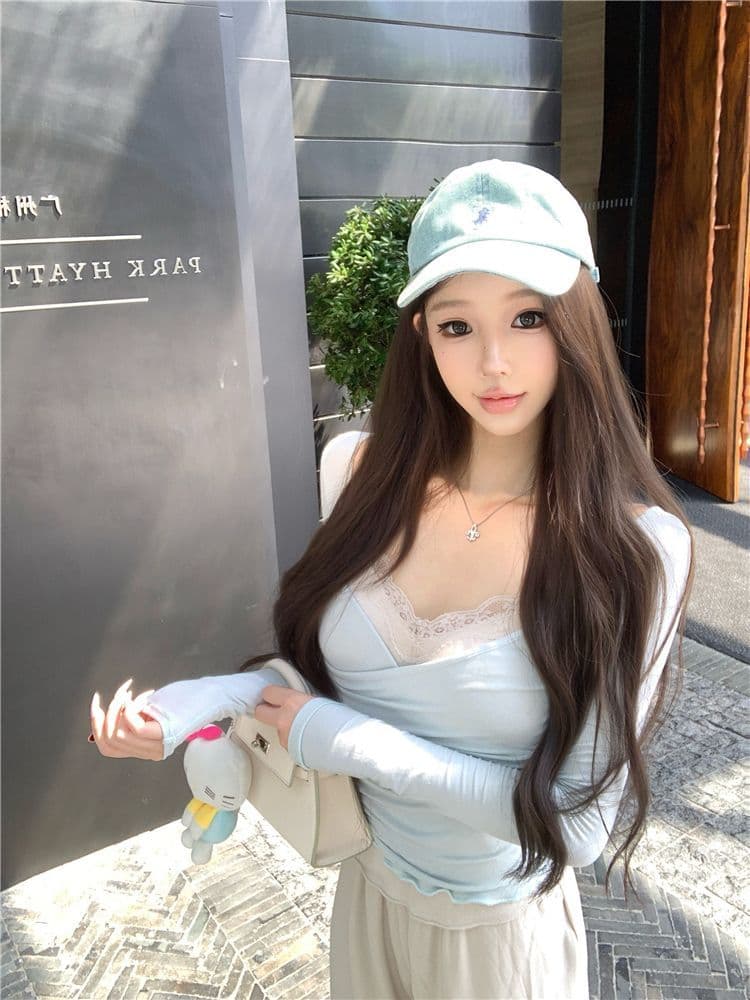 사람들 면 투피스 세트 순수한 욕망 십자가 긴팔 허리 수축 티셔츠 여성 레이스 캐미솔 세트 투피스 세트 상세 이미지 14