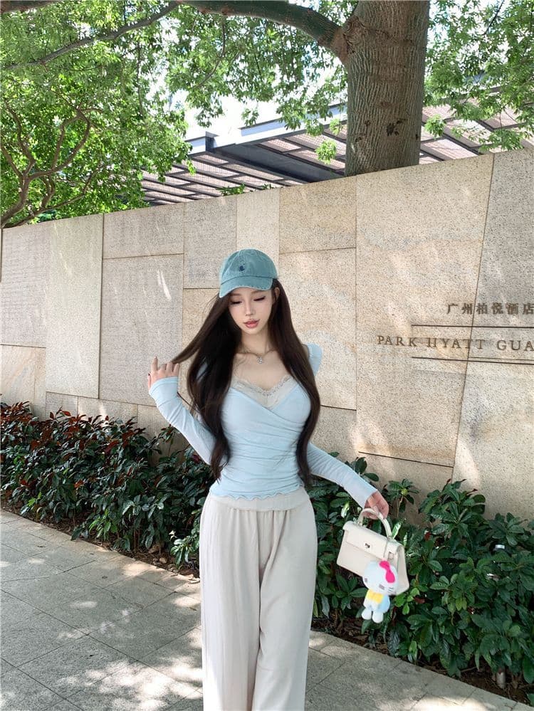 사람들 면 투피스 세트 순수한 욕망 십자가 긴팔 허리 수축 티셔츠 여성 레이스 캐미솔 세트 투피스 세트 상세 이미지 15