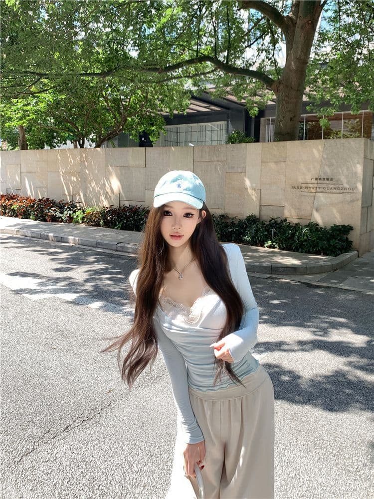 사람들 면 투피스 세트 순수한 욕망 십자가 긴팔 허리 수축 티셔츠 여성 레이스 캐미솔 세트 투피스 세트 상세 이미지 17