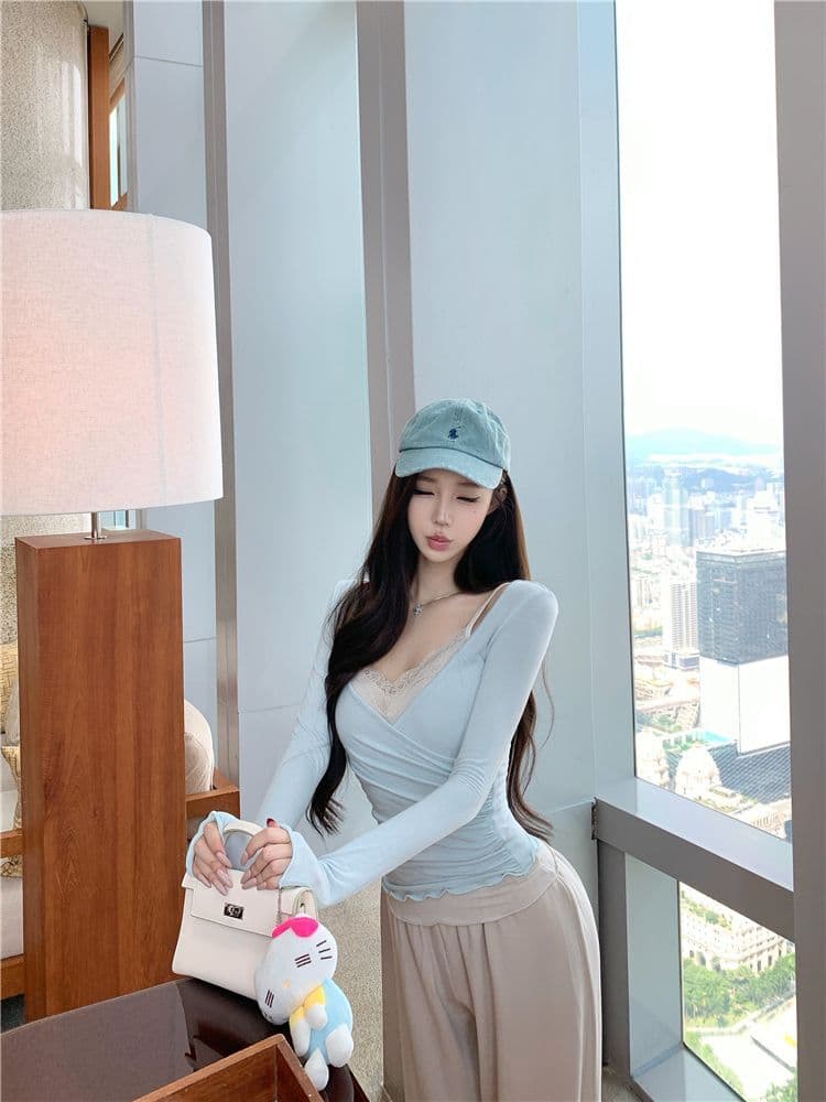 사람들 면 투피스 세트 순수한 욕망 십자가 긴팔 허리 수축 티셔츠 여성 레이스 캐미솔 세트 투피스 세트 상세 이미지 20