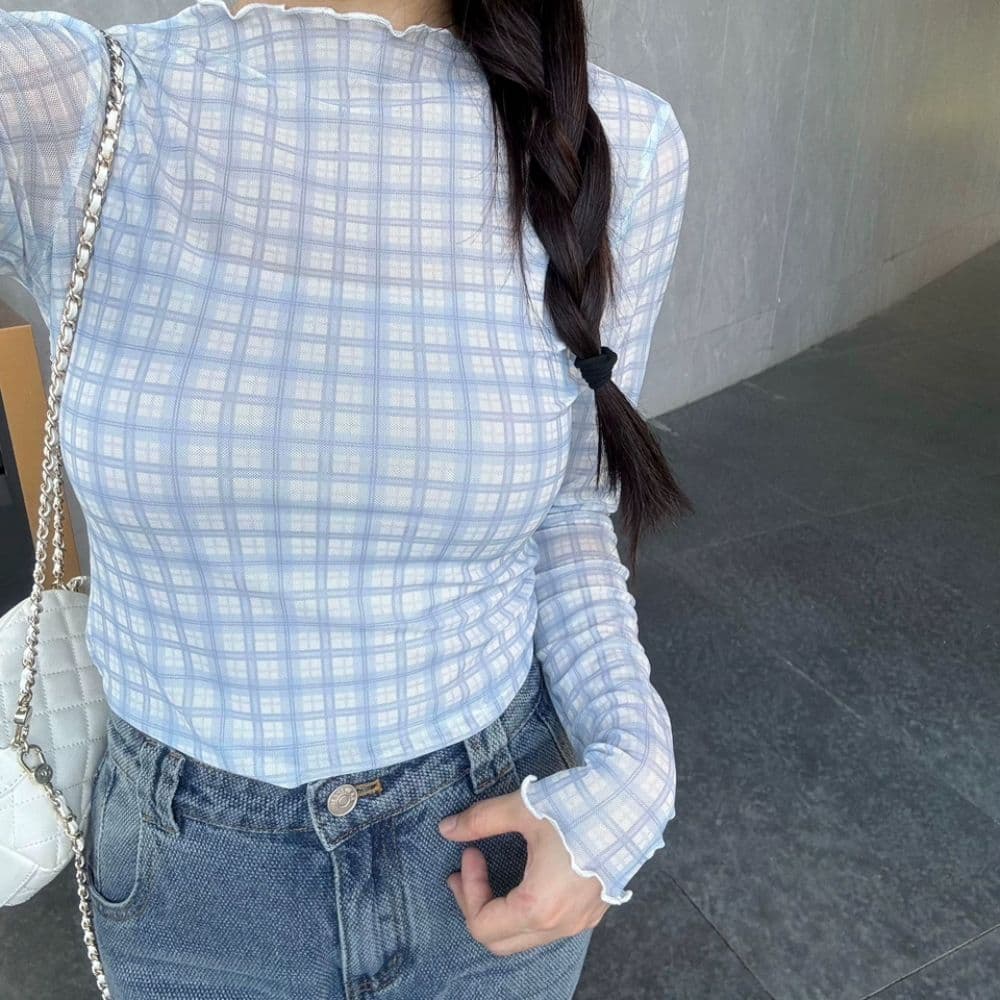 북섬 amuu 블루 그리드 레이스 얇은 스타일 긴팔 티셔츠 여성 26 가을 새로운 몸매 가꾸기 인사이드 잡아라. 의류