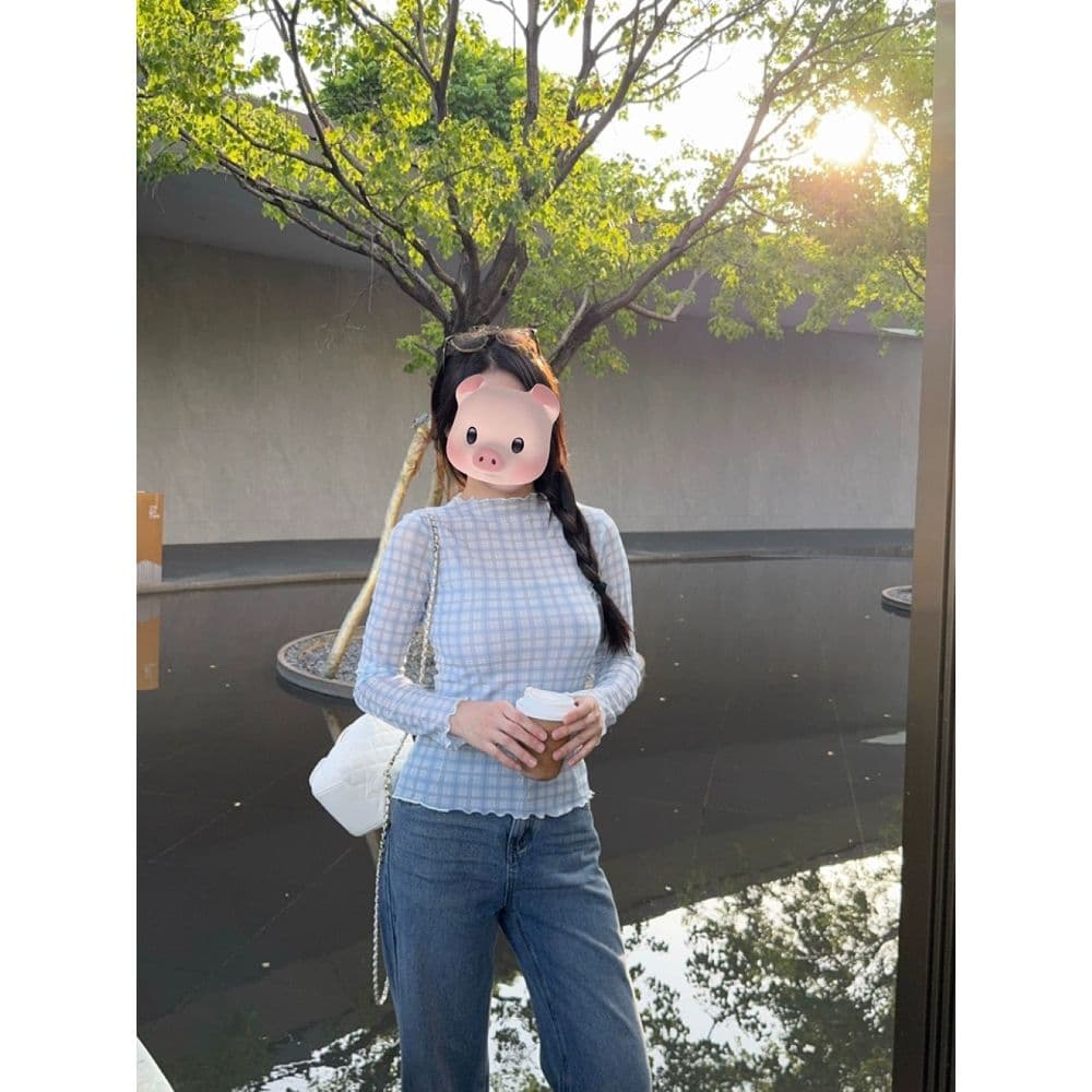 북섬 amuu 블루 그리드 레이스 얇은 스타일 긴팔 티셔츠 여성 26 가을 새로운 몸매 가꾸기 인사이드 잡아라. 의류 이미지 4