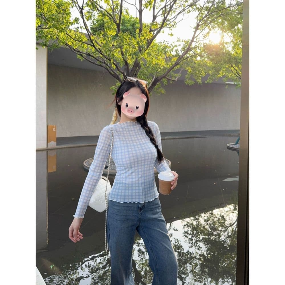 북섬 amuu 블루 그리드 레이스 얇은 스타일 긴팔 티셔츠 여성 26 가을 새로운 몸매 가꾸기 인사이드 잡아라. 의류 상세 이미지 2