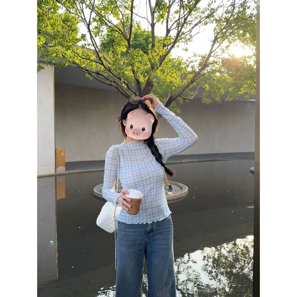 북섬 amuu 블루 그리드 레이스 얇은 스타일 긴팔 티셔츠 여성 26 가을 새로운 몸매 가꾸기 인사이드 잡아라. 의류 상세 이미지 6