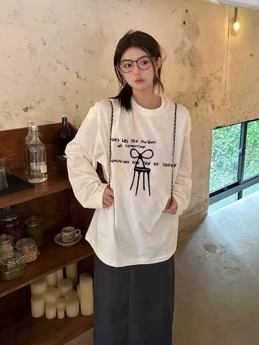 높은 품질 순면 200그램 21 빗질하다 정밀 프린트 가을 루즈핏 긴팔 티셔츠 여성 상세 이미지 1