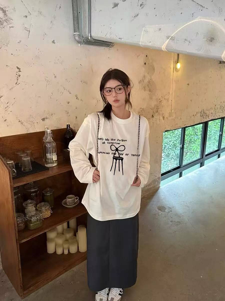 높은 품질 순면 200그램 21 빗질하다 정밀 프린트 가을 루즈핏 긴팔 티셔츠 여성 상세 이미지 3