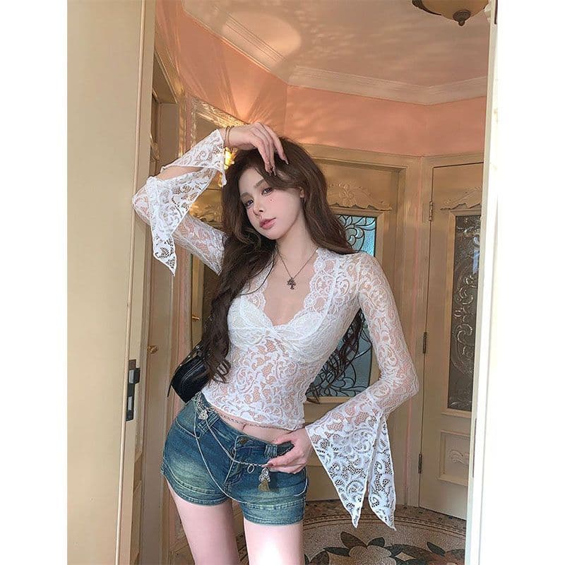 디자인 센스 V넥 긴팔 레이스 셔츠 봄 가을 새로운 순수한 욕망 핫걸 맨위 이미지 2