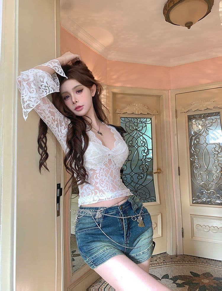 디자인 센스 V넥 긴팔 레이스 셔츠 봄 가을 새로운 순수한 욕망 핫걸 맨위 상세 이미지 11
