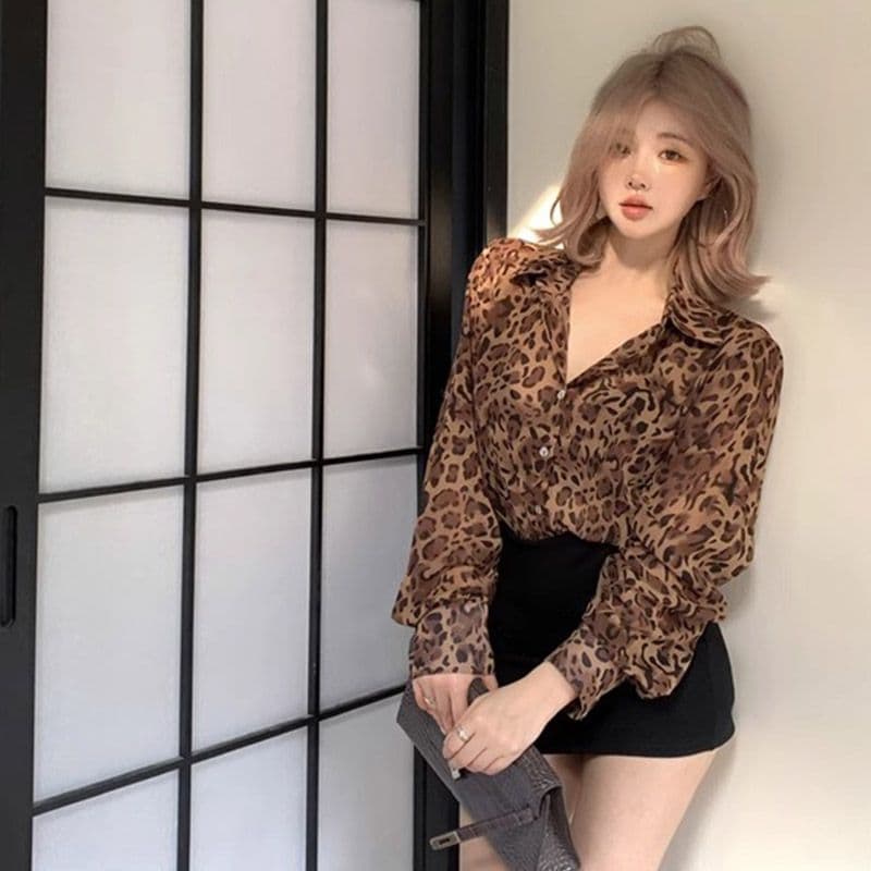 마이크로 ~을 통해 봄 여름 마이크로 ~을 통해 태양 보호 셔츠 고급 센스 레오파드 무늬 쉬폰 긴팔 여성 셔츠 셔츠 맨위 이미지 3