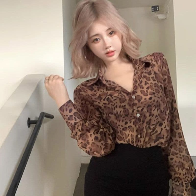 마이크로 ~을 통해 봄 여름 마이크로 ~을 통해 태양 보호 셔츠 고급 센스 레오파드 무늬 쉬폰 긴팔 여성 셔츠 셔츠 맨위 이미지 4